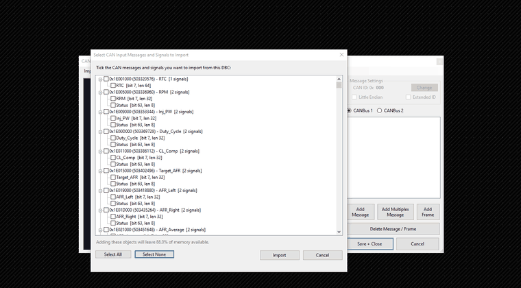 Importing a DBC file into the Apex CAN Inputs Manager — select messages, then use them on the canvas